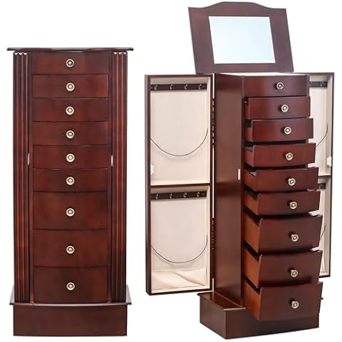 AVAWING Large Standing Jewelry Cabinet Armoire with Top Flip Makeup Mirror, 8 Drawers&16Necklace Hooks, Jewelry Box Storage Organizer with 2 Side Swing Doors, Retro Wood Jewelry Cabinet（Reddish Brown） Cover