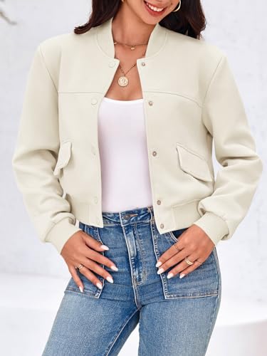 Image of Tankaneo Womens Cropped Bomber Jackets Casual Button Down Long Sleeve Stand Collar Varsity Shacket Coats