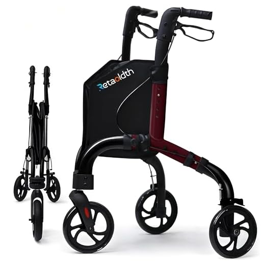 Retaoldth Premium 3 Wheel Rollator Walker for Seniors, Lightweight Foldable Elderly Three Wheeled Rollator with Storage Bag, Mobility Aid Rolling Walker, Red