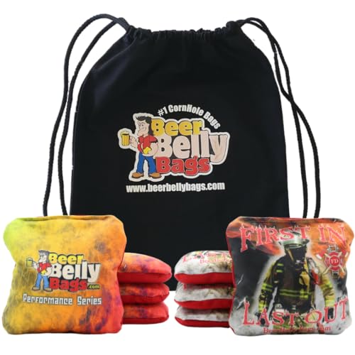 Beer Belly Bags Pro Style Performance Cornhole Bags Tournament Regulation Resin Fill 16 Ounce - Set of 8 Includes Carrying Tote Made in USA (Fireman/Atomic Fire)