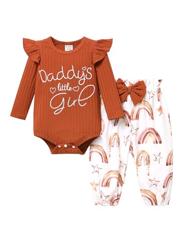 Image of PATPAT 2pcs Baby Girl Letter Print Rib Knit Ruffle Long-sleeve Romper and Bow Front Allover Rainbow & Star Print Pants Set YellowBrown 3-6 Months
