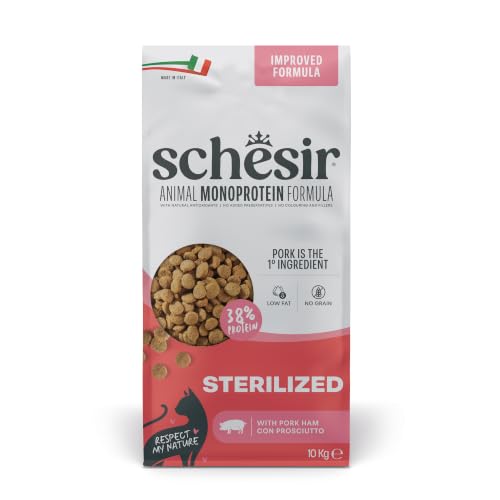 Schesir Animal Monoprotein Sterilized, Croquettes pour Chats Adultes Stérilisés, Aliment Sec Monoprotéiné Complet, Goût Jambon, 10 kg