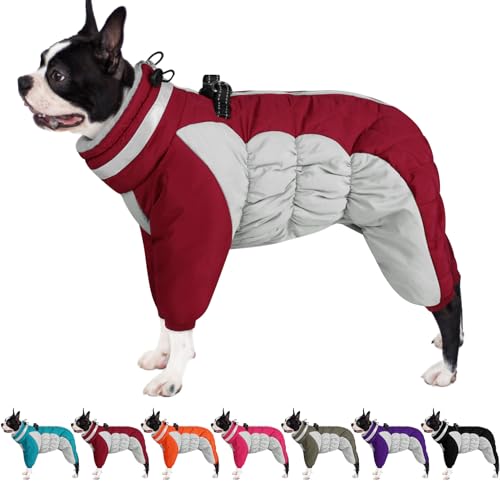 AOFITEE Winteroverall für Hunde - Wasserdichter Hundemantel für Kleine Hunde mit Beinen, Winter Warmer Hundejacke mit Geschirr Gefütterter Hundeoverall, Wintermantel Hund für Pug, Jack Russel, Rot