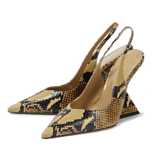 Women's Snakeskin Slingback Heels with Wedge Heel Closed Pointed Toe Backstrap Slip On Pumps Fashion Party Dress Shoes Ladies