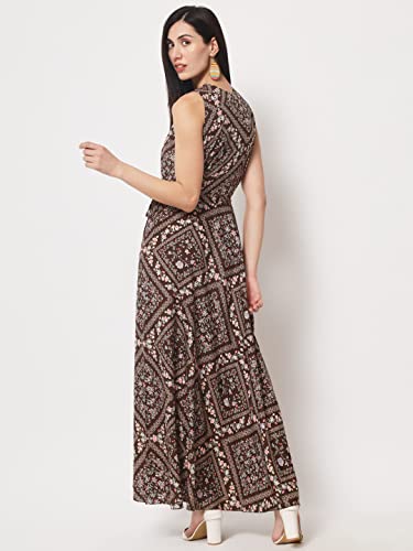 Image of Rudraaksha Women's Printed Maxi Dress Sleeveless Fit & Flare Long Dress || Western Dress for Women || Stylish Maxi Dress Dress || Summer Dress || Boho Printed Dress for Women