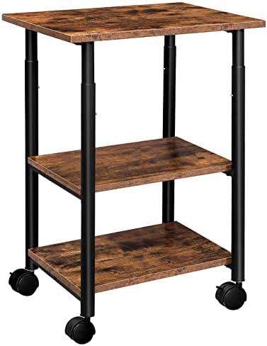 HOOBRO Printer Stand,3-Tier Adjustable Table Printer Cart on Wheels, Heavy Duty Storage Machine Rack for Home Office, Rustic Brown and Black BF03PS01