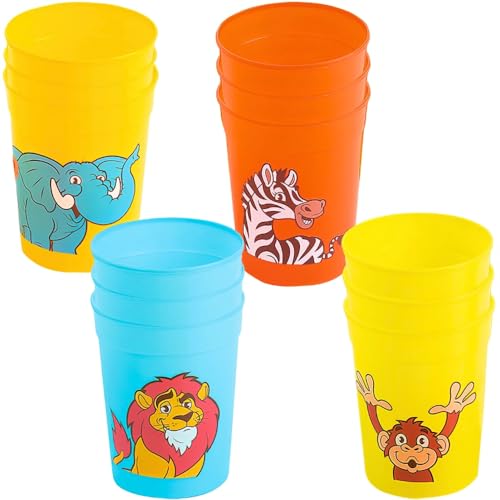 Fun Express Zoo Animal Plastic Cups, Each Holds 10 oz, BPA Free Plastic, Birthday and Party Supplies, Multi-Color - VBS Vacation Bible School Supplies/Decor Set of 12 Tumblers