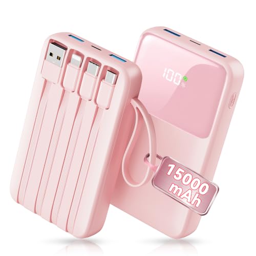 45% Smaller Portable Charger, 15000mAh Power Bank Built-in 4 Cables, Pink