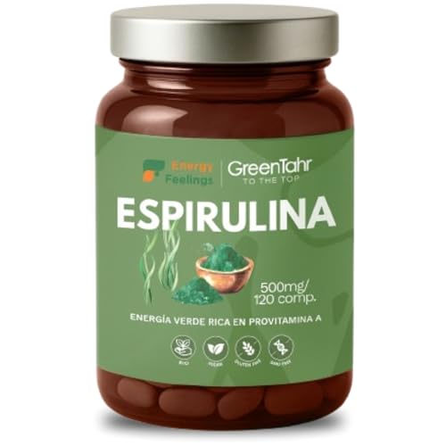Energy Feelings Comprimidos de Espirulina Ecológica, 100% Alga de Spirulina Natural en Cápsulas, Vegano, Inhibidor, Saciante, Rica en Betacarotenos, 1500mg por Dósis Diaria, 120 Comprimidos