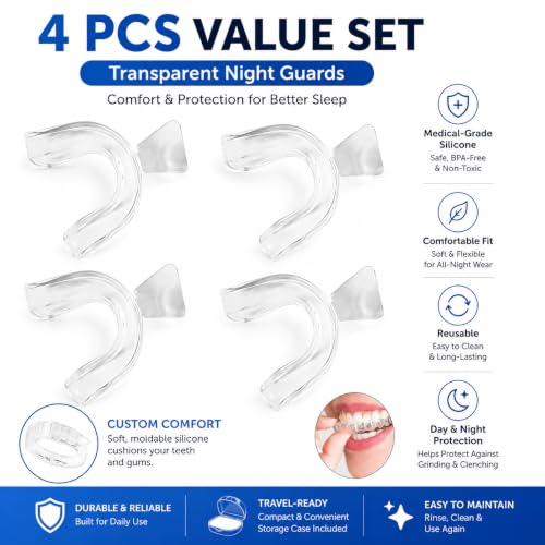 Image of 4Pcs Medical-Grade Silicone Night Guard for Teeth Grinding and Bruxism, Transparent Dental Guard for Sleep, Sports and Custom Fit Protection, Reusable Mouth Guard