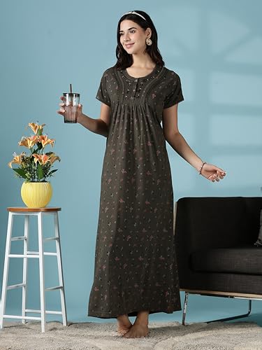 Image of 9shines Label Stylish Cotton Blend Embroidered Maxi Nightdress for Women with Pocket| Full Length Nightwear| Premium Nightdress| Comfortable Nightwear(5256)