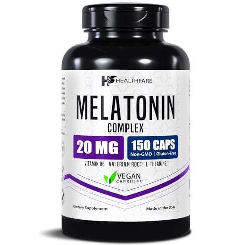 Healthfare Melatonin 20mg | 150 Veg Capsules | Complex with L-Theanine | Valerian Root & Vitamin B6 | Vegetarian Formula | Non-GMO | Gluten-Free | Made in The USA