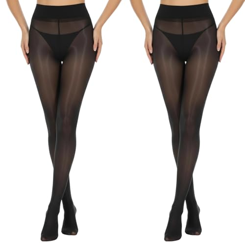 Tniytru 2 Pack Black Glossy Tights with High Waist - Ultra Shiny Tights 15 Denier with Oil Gloss Finish - Elegant Semi-Sheer for Daily Wear & Special Occasions