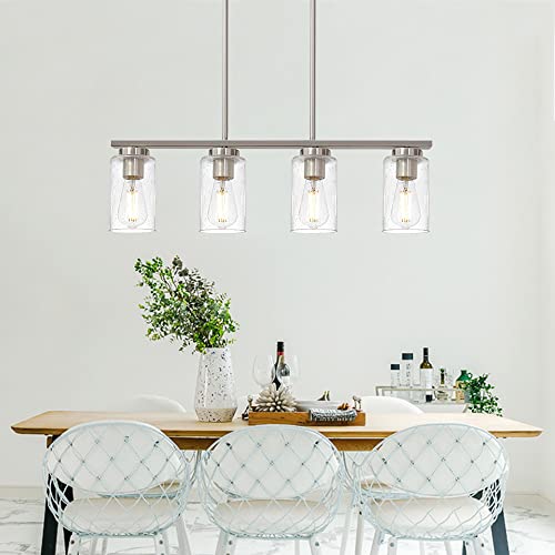Winshen Kitchen Island Lighting, 4-Light Brushed Nickel Linear Chandelier, 27.5-Inches Rectangle Pendant Light Fixtures With Seeded Glass Shade For Dining Room Pool Table #TOP4