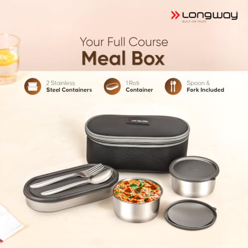 Image of LONGWAY Craveo Stainless Steel Lunch Box with 3 Containers | 2 Round 300ml Each & 1 Oval 500ml | Airtight & Leak Proof with Spoon | Food-Grade Steel Lunch Box for Office, School & College (Black)