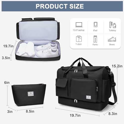 Image of Large Travel Duffle Bag, Carry On Weekender Bag with Shoe Compartment, Gym Tote Overnight Bags for Women for Travel, A10#Black, 11 x 19.6 x 8.2 inches, Weekender Bag&toiletry Bag
