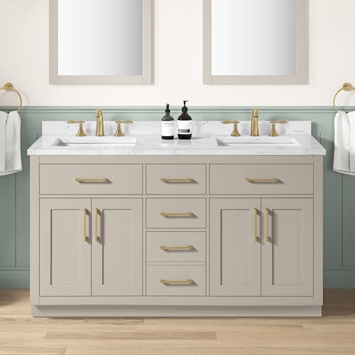 Image of OVE Decors Athea 60 in. Double Sink Freestanding Greige Bathroom Vanity with White Engineered Marble Top, Matching Backsplash, Power Bar and Brushed Gold Hardware