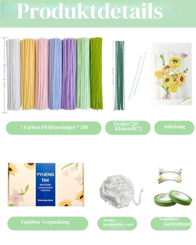 YYUENG TAK 350 Stück Pfeifenreiniger Blumen set(Macarons),Geschenkbox enth Anweisungen,2 Chenille Wolle zum pfeifenputzer Blumen，20 Blumendraht,100 Staubblatt,2 Klebeband,für Blumen Basteln,Diy & Deko