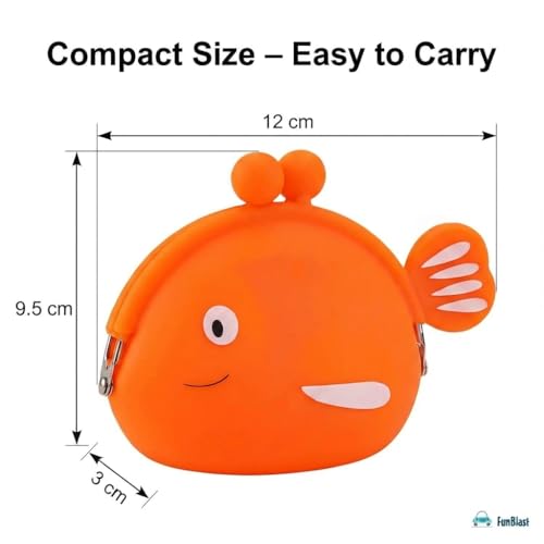 Image of FunBlast Cute Fish Shape Silicone Coin Purse for Kids & Adults - Mini Pouch for Coins, Earphones, Keys & Small Essentials, Aesthetic Pouches for Girls & Women - 12 X 9.5 X 3 Cm (Orange)