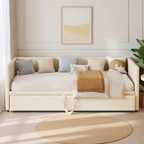 Hynhxbp Divano Letto Estraibile Matrimoniale 90/180 X 200 Cm,Letto A Scomparsa Con Divano,Mondo Convenienza Divani Letto,Con Doghe In Legno, Beige, Velluto, Senza Materasso - 4