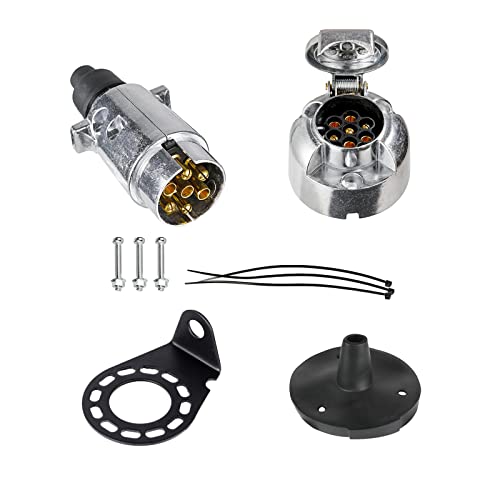 BEIJISTAR Kit de Fiche et Prise Remorque en Métal 7 Broches avec Joint en Caoutchouc et Support de Montage en Métal, 12V Étanche Connecteur Prise Remorque...