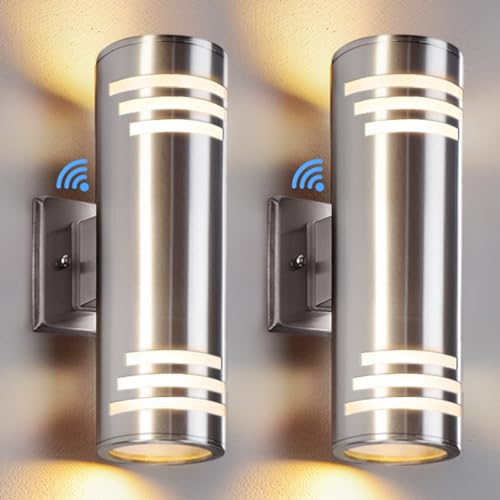 SHIMR Modern Outdoor Wall Lights Dusk to Dawn 2 Pack, Exterior Lighting Fixtures Stainless Steel with Brushed Nickel Finsh, Waterproof Up and Down Outside Lights for House, LED Bulbs Include