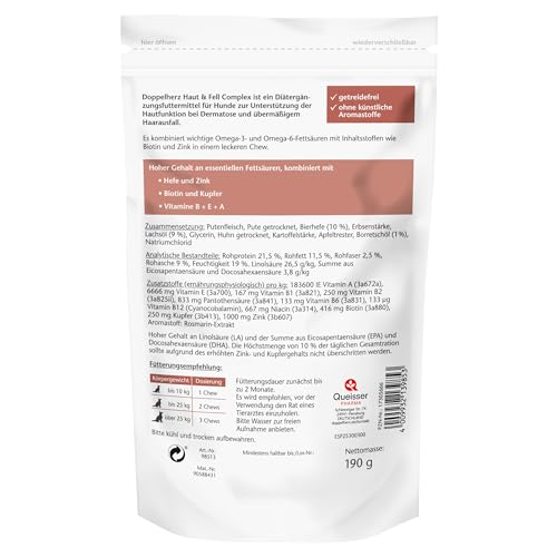 Doppelherz Haut und Fell Complex für Hunde – Mit wichtigen Omega-3 und Omega-6 Fettsäuren – 60 Chews