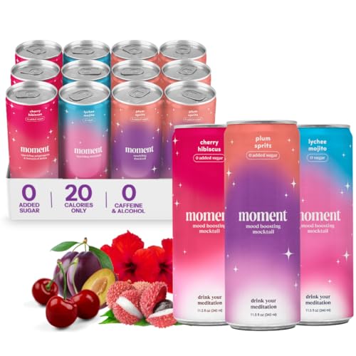 Moment Mocktails Non-Alcoholic Drinks (Shark Tank) - Calm, Clarity & Relaxation with L-Theanine & Ashwagandha - Sparkling Adaptogen Drink - 0 Sugar 0 Caffeine - 12 Pack 11.5 fl oz - Classics