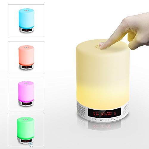 Preisvergleich Produktbild WSMLA Nachttischlampe mit Bluetooth-Lautsprecher Berührungssensor Tischlampe Dimmbar Warmweiß Licht Farbwechsel RGB-Wecker Freisprechen Frauen Männer Teens Kinder Kinder