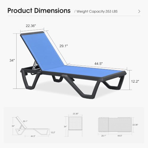 Image of PURPLE LEAF Outdoor Chaise Lounge Set of 4 Plastic Patio Chair, Royal Blue | UV Textilene Fades Less, Plastic + Glass fiber Legs, Aluminum Frame, 5 Recline Angles, 5% Wider Seat, Stackable, Lightweight