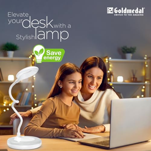 Image of Goldmedal Glow Desk 02 Portable Table Lamp with 5W LED Bulb| Touch Panel Switch | >0.5 Power Factor | Powering Lamp with USB Charger for Study Areas, Bedrooms, Living Rooms| Pack of 1