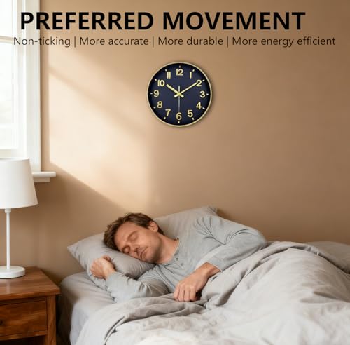 Image of Wall Clocks Battery Operated, 12Inch Non Ticking Digital Wall Clock, Silent Analog Clock for Bedroom Living Room Kitchen Office Hotel Decor, Navy Blue Large Number Clocks for Seniors Elderly