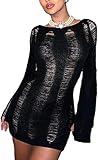 Women Long Sleeve Backless Knit Mini Dress Y2k Crochet Hollow Out See-Through Dress Party Clubwear B