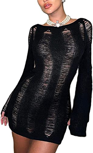 Women Long Sleeve Backless Knit Mini Dress Y2K Crochet Hollow Out See-Through Dress Party Clubwear Black M #TOP4