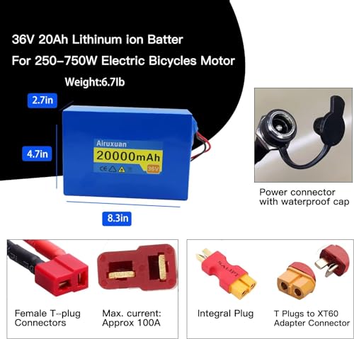 Image of 36V Ebike Battery 20Ah Electric Bike Battery with 2A Charger, T-Plug, XT60 Connector and BMS for 250-750W Electric Bicycles Motor