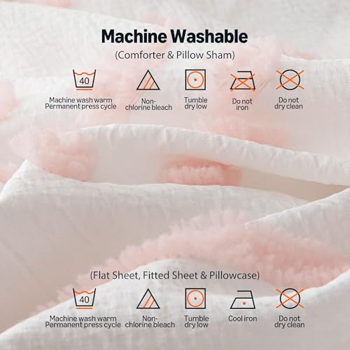 Image of Amazon Basics Kids' Pink Bedding Set, 7-Piece Jacquard Bed-in-a-Bag with Comforter, Fitted Sheet, Flat Sheet, Pillowcases, Pillow Shams, Deep Pocket 16 inch, All-Season, Pink Tufted, Full /Queen