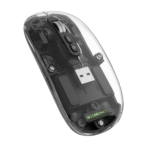 Image of ZEBRONICS Sheer Rechargeable Wireless Mouse, Dual Mode (2.4GHz + BT), Dual Bluetooth, Silent Operation, Transparent Body, RGB, Battery Indicator, for Mac | Laptop | Computer (Black)
