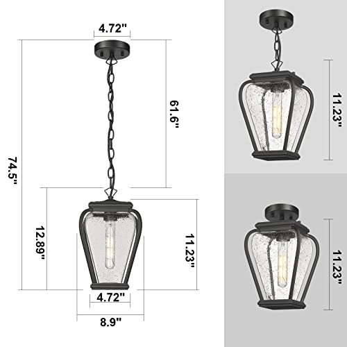 Gooray Outdoor Pendant Light Fixture,13" Outdoor Pendant Lights For Porch, Large Exterior Hanging Lantern Porch Light Outside Lighting For House In Sand Black Finish Clear Seeded Glass Lamp Shade #TOP2