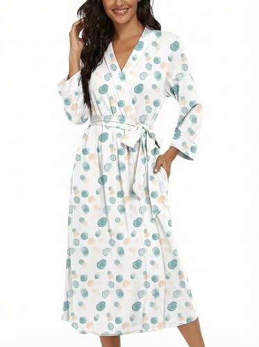 Image of VINTATRE Robes for Women Long Knit Bathrobe XS-4XL | 3 /4 Sleeve Bathrobes with Pockets, Stretchy and Lightweight Fabric, Inner Tie and Fixed Outer Matching Belt, Mid Calf Length