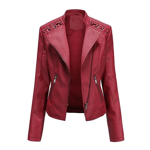 Veste en simili cuir femme cintrée manteau moto biker rouge automne taille L