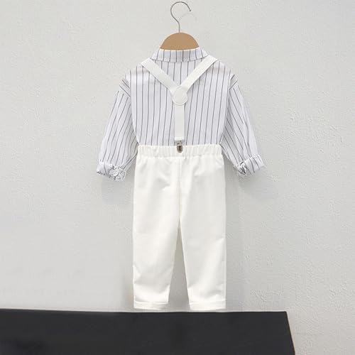 Baby Boys Dress Suit Toddlers Bowtie Striped Shirts and Suspender Pants Special Occasion Gentleman Outfits for 1-12 Years4