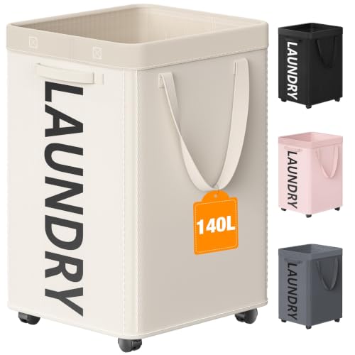 Image of Optish 140L Laundry Hamper with Wheels, Rolling Laundry Basket with Removable Mesh Bag, Extra Large Clothes Hamper on Wheel for Bedroom, Bathroom, Dorm Room Essentials, White