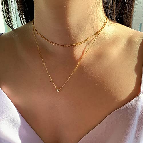 Tewiky NK04-BIG CZ Diamond Solitaire Pendant Necklace 14K Gold Plated Cubic Zirconia Choke Necklaces Cute Tiny Gold Rhinestone Dainty Gold Necklace thumb #3