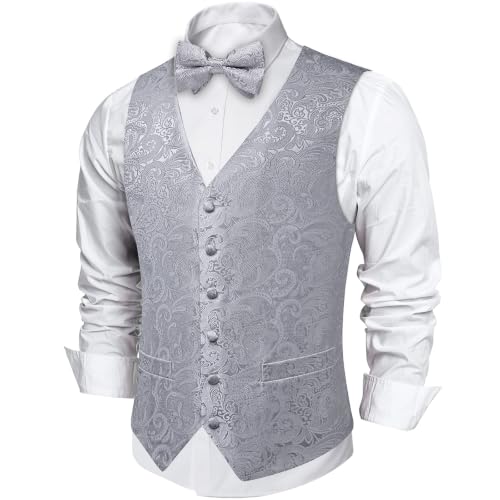 Image of DiBanGu Mens Paisley Suit Vest Bowtie Formal /Casual Dress Waistcoat | 5PCS,Vest for Men,Silk Blend,Anti-Wrinkle,Durable,Machine Wash,for Tuxedo,Wedding,Party,Prom,V-neck,2 Real Pockets
