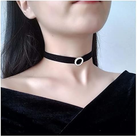 Allereya Punk Velvet Ribbon Choker Necklace Pearl Circle Choker Necklace Tiny Pearl Necklace Gothic Black Satin Silk Necklace Gothic Satin Choker Necklaces Jewelry for women and Girls (Black) Cover