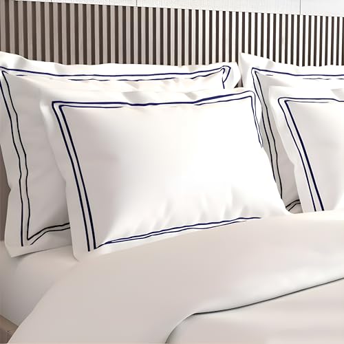 Image of Pure Cotton 500 TC Solid Pillow Cover Set | Greek Embroidered Pillow Cover Set | Percale Weave | 18 X 27 Inches (2, White - Navy Blue)