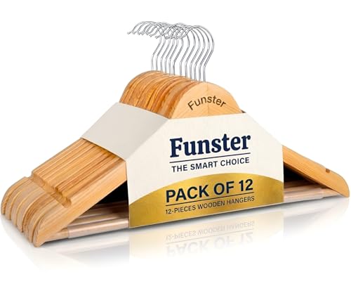 Image of Funster Wooden Hangers for Clothes - Premium Solid Wood Coat Hangers, Durable Anti-Slip Notches, Heavy Duty Clothes Hanger Set for Wardrobe, Shirts, Suits, Dresses (Pack of 12, Brown)