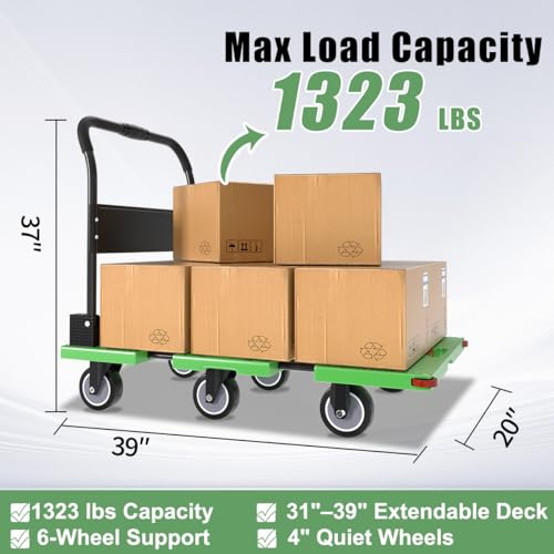 Image of WUD 1323 lbs Heavy Duty Folding Platform Cart with Extendable Deck (31''-39''), 6-Wheel Support, 4'' Quiet Casters, Thick Reinforced Flatbed Dolly for Warehouse, Garage & Moving