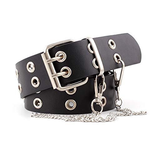 Double Grommet Punk Belt - Black Faux Leather 2 Prong and Holes Aesthetic Grunge Belts for Men Women and Kids