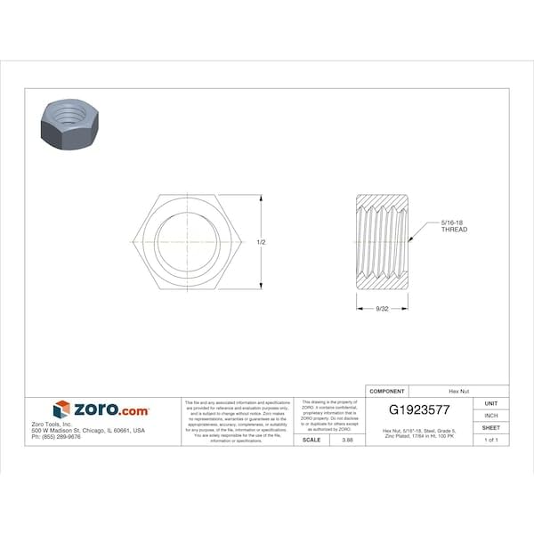 Hex Nut,5/16-18,Gr 5,ZP,PK100